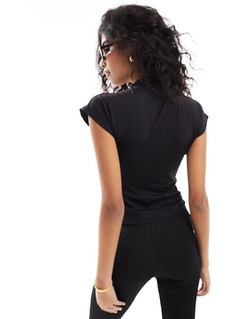 Women's Black High Neck Top Short Sleeve