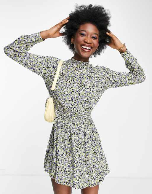 Pimkie high neck floral print mini dress with shirred waist in purple