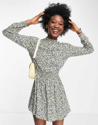 Pimkie high neck floral print mini dress with shirred waist in purple