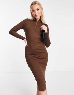 Pimkie high neck knitted midi dress with zip in brown