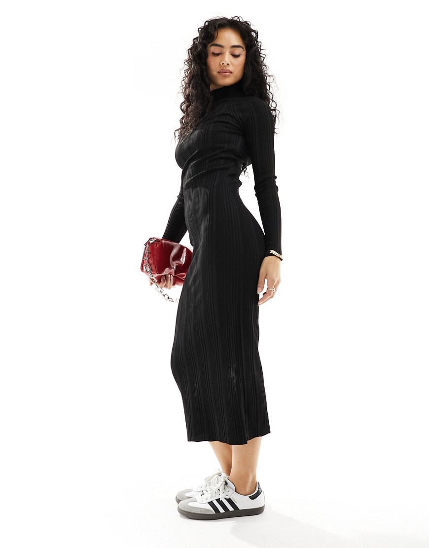 Pimkie high neck knitted rib maxi dress with back cut out in black