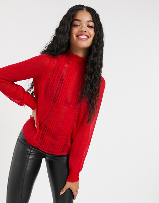 Pimkie high neck lace detail blouse in red