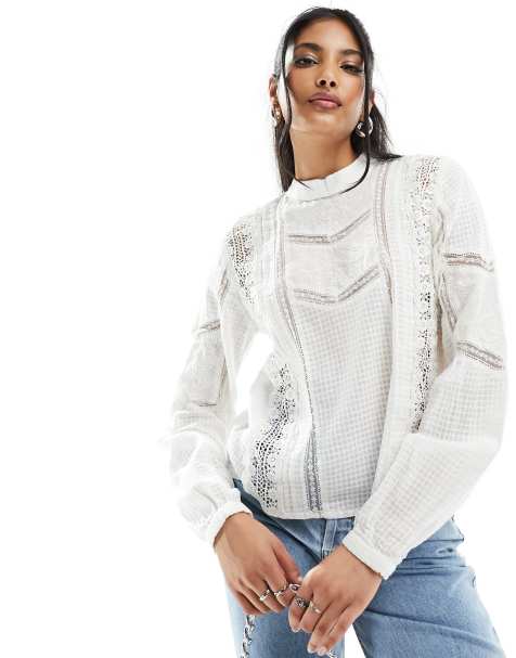 Pimkie high neck lace insert blouse in ecru - view 1