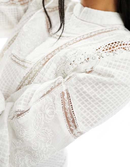 Pimkie high neck lace insert blouse in ecru, 2 of 4