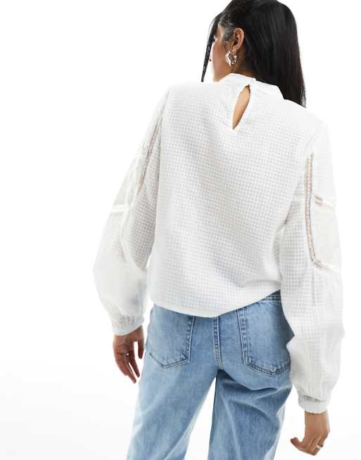 Pimkie high neck lace insert blouse in ecru, 3 of 4