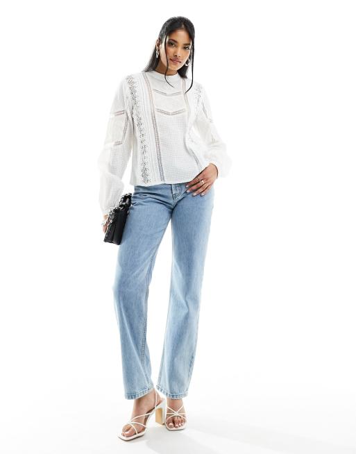 Pimkie high neck lace insert blouse in ecru, 4 of 4