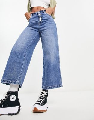 Pimkie high waist button detail wide leg jeans in stone-Neutral
