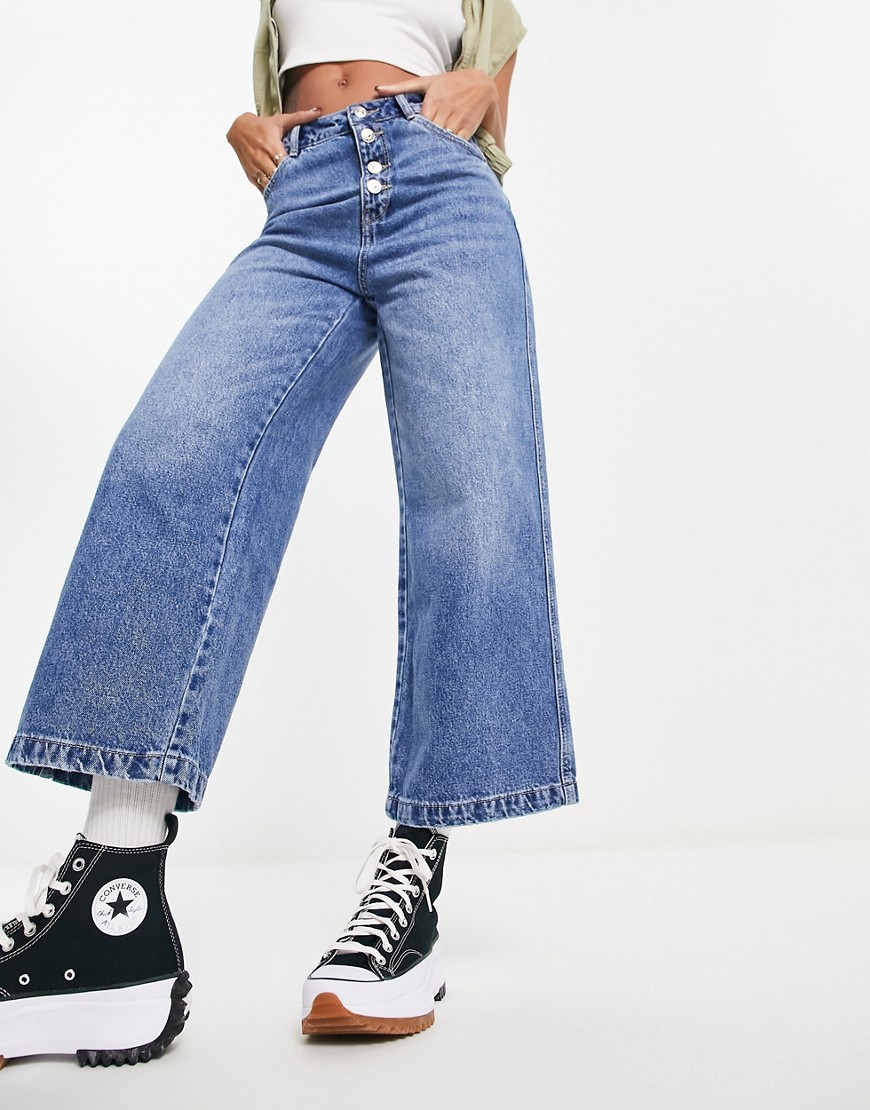Pimkie high waist button detail wide leg jeans in stone-Neutral