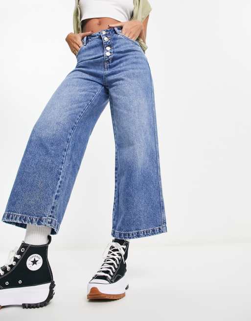 Pimkie high waist button detail wide leg jeans in stone | ASOS