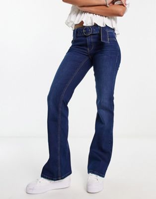 Pimkie high waisted belted flared jeans in dark blue | ASOS
