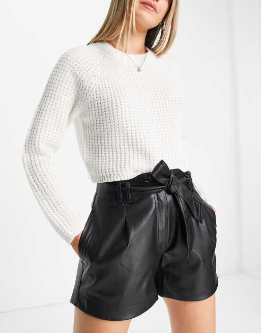 Pimkie high waisted faux leather shorts with tie detail in black