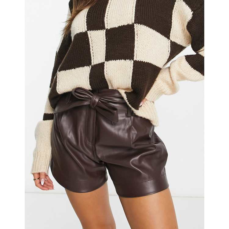 Pimkie high waisted faux leather shorts with tie detail in brown