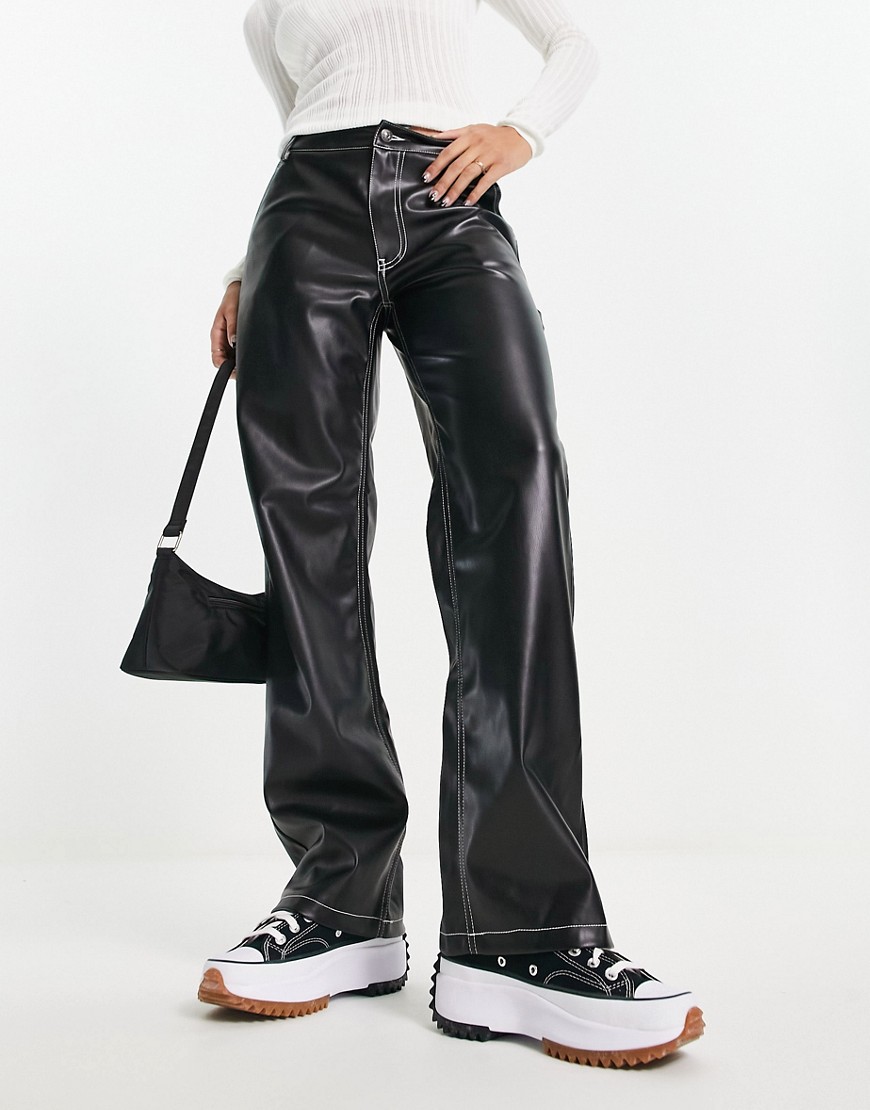 Pimkie high waisted faux leather straight cargo trouser in black