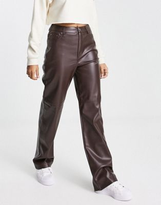 Pimkie high waisted faux leather straight leg trouser in brown - ASOS Price Checker