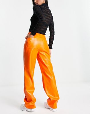 Pimkie high waisted faux leather straight leg trouser in orange - ASOS Price Checker