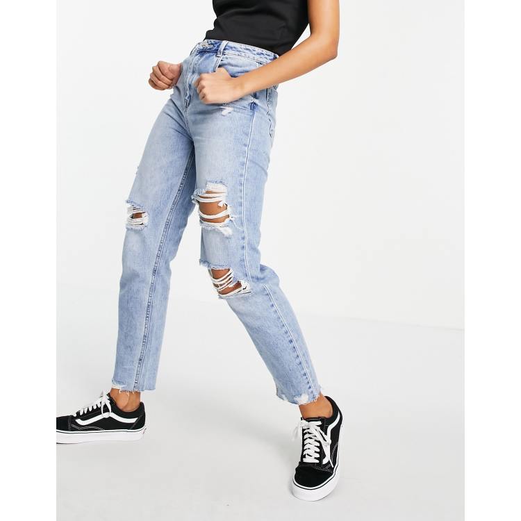 Pimkie high waisted mom jean with rips in light blue ASOS