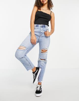 Pimkie high waisted mom jean with rips in light blue | ASOS