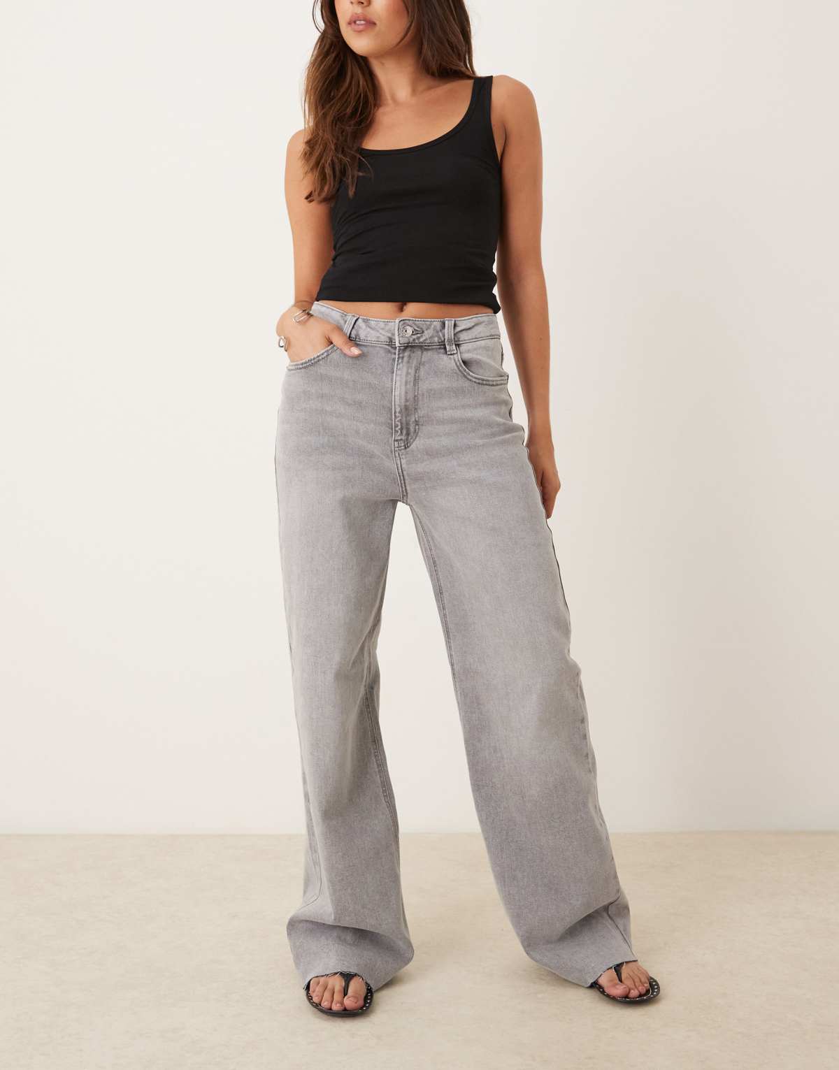 Pimkie high waisted wide leg raw hem jeans in grey wash