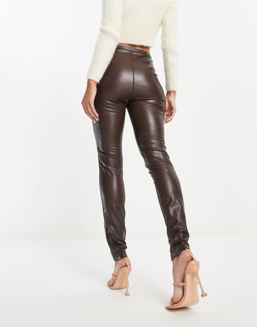 Pimkie - Højtaljede leggings i chokoladebrunt, imiteret læder, 3 af 4