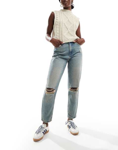 Pimkie - Højtaljede mom-jeans med slid og flænger i knæene i beskidt blå vask - view 1