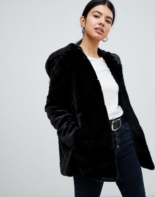 hooded faux fur jacket black