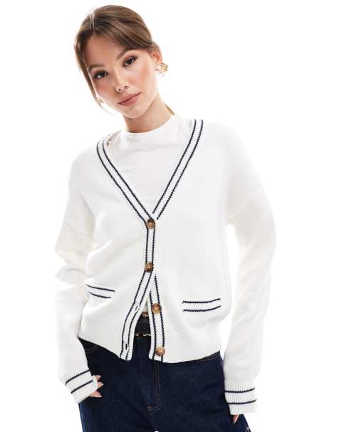 Pimkie - Hvid cardigan med lomme og kontrastkanter - view 1