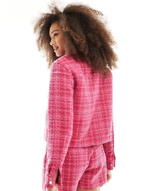 Pimkie – Jacke aus Tweed in Rosa kariert, Kombiteil, 4 von 4