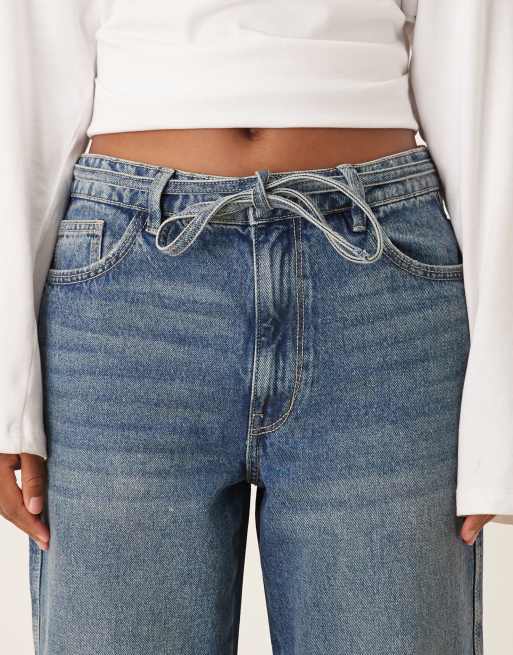 Pimkie - Jean large à taille mi-haute avec liens devant - Bleu denim moyen, 5 de 5