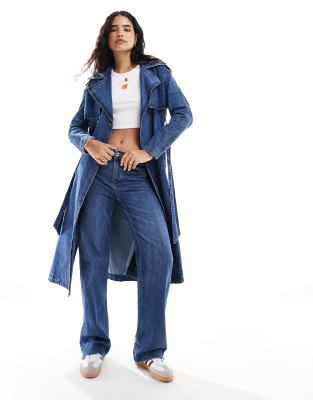 Pimkie - Jeans-Trenchcoat mit Gürtel in dunkelblauer Waschung