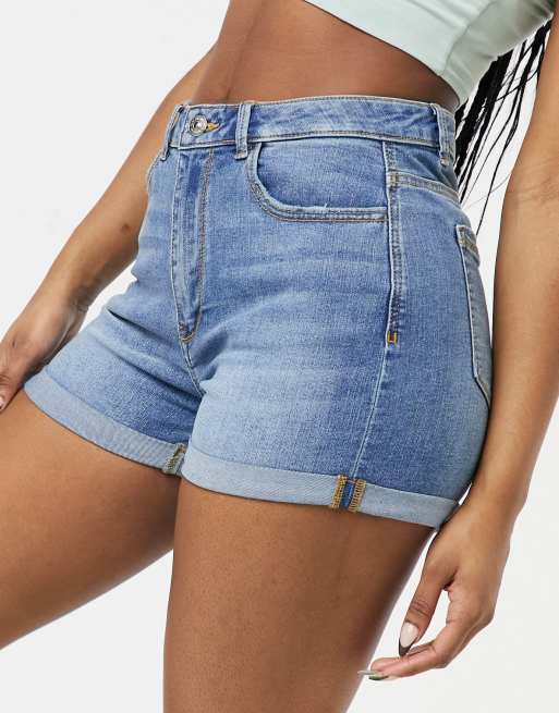 Pimkie – Jeansshorts in Mittelblau mit hohem Bund und Umschlag, 3 von 4