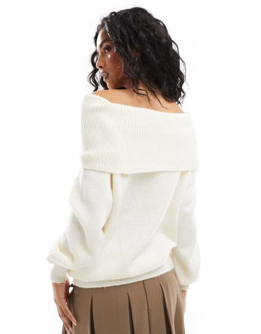 Pimkie knitted bardot ruched detail jumper in white