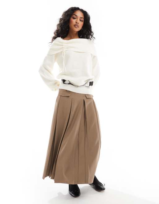 Pimkie knitted bardot ruched detail jumper in white