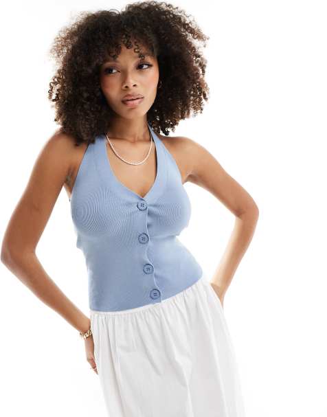 Pimkie knitted halterneck button through top in blue - view 1