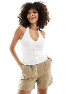 Pimkie Pimkie knitted halterneck button through top in white