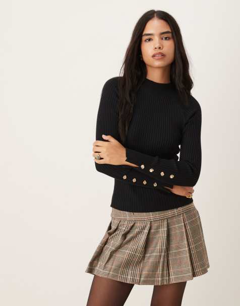 Pimkie knitted high neck gold button detail top in black - view 1
