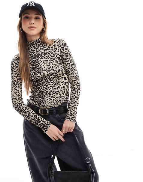 Pimkie knitted rib roll neck top in leopard - view 1