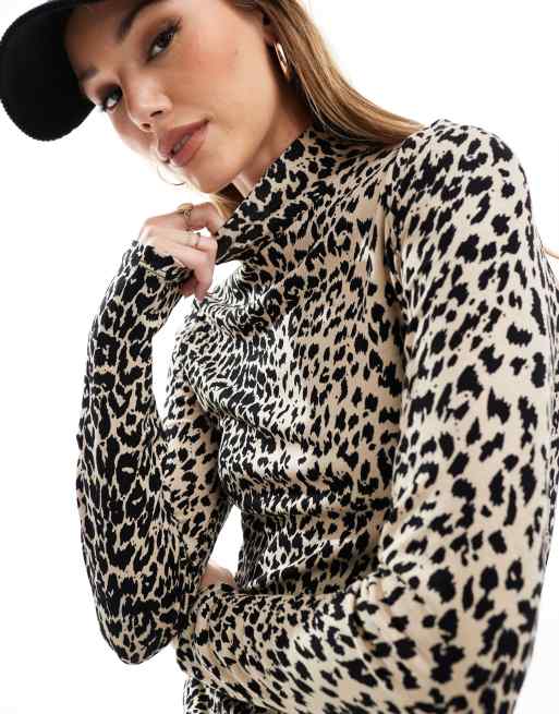 Pimkie knitted rib roll neck top in leopard