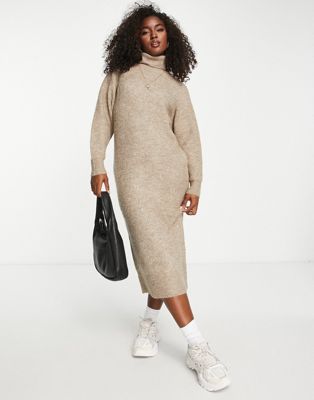 Pimkie knitted roll neck midi dress in taupe