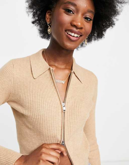 Pimkie knitted zip front polo top in beige ASOS