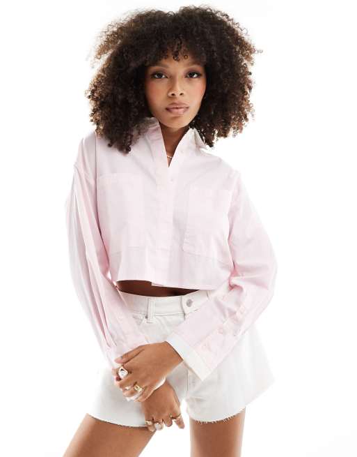 Pimkie – Kurze Hemdbluse in Hellrosa mit Kragen und Kontrast-Design