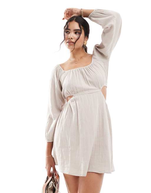 Pimkie – Kurzes Bardot-Skaterkleid in Ecru mit voluminösen Ärmeln und Zierausschnitten