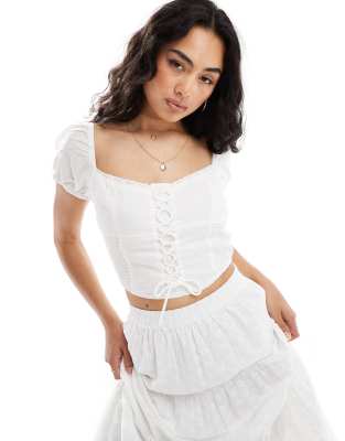 Pimkie Pimkie lace up puff sleeve top with broderie trim in white