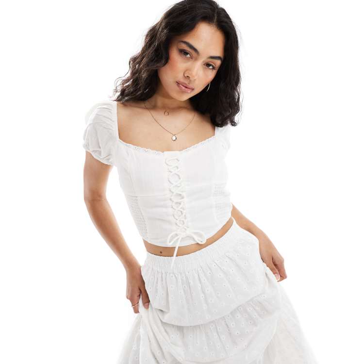 Pimkie lace up puff sleeve top with broderie trim in white ASOS