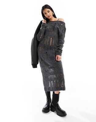 Pimkie laddered knit off shoulder midi jumper dress in charcoal-Grey