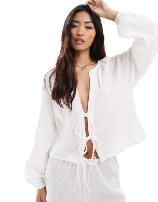 Pimkie – Langärmlige Bluse in Weiß mit lockerem Schnitt und Bindedetails, Kombiteil
