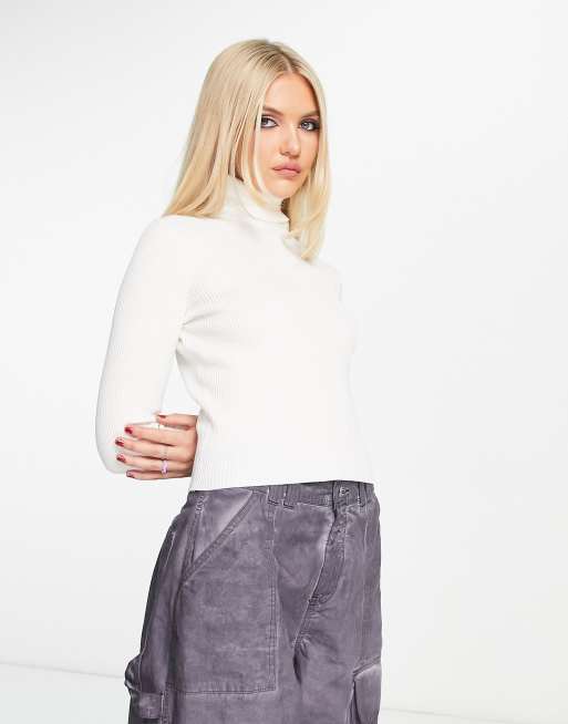 Pimkie – Langärmliger, gerippter Rollkragenpullover in Cremeweiß