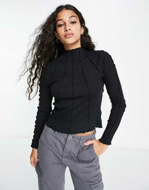 Pimkie – Langarmshirt in Schwarz mit Kontrast-Nahtdetail