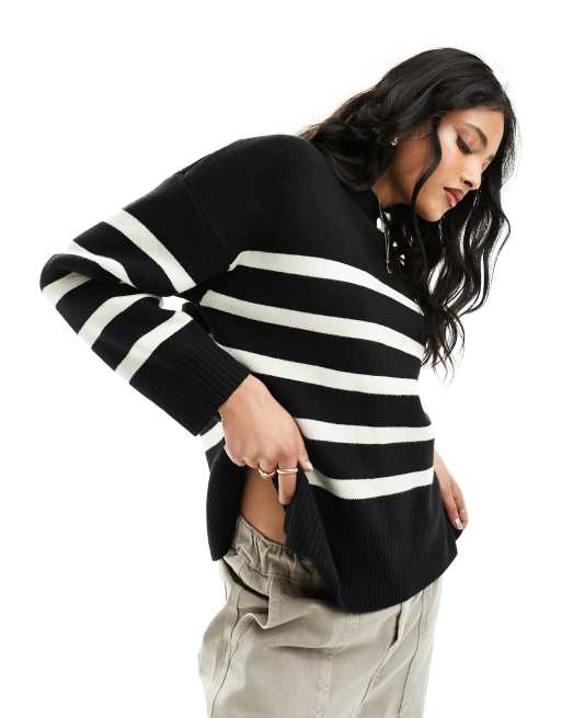 Pimkie – Langer Pullover in Schwarz und Cremeweiß gestreift mit Seitenschlitz