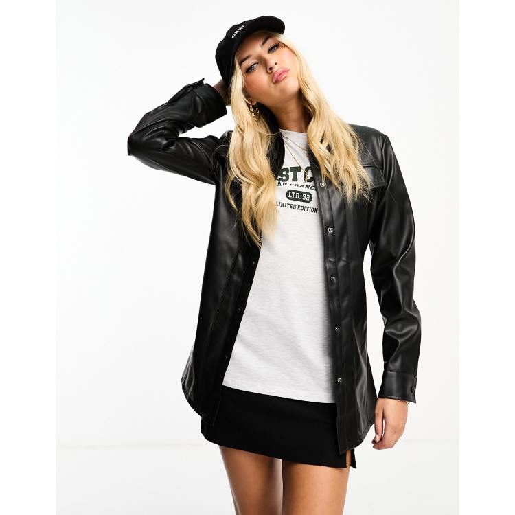 Pimkie leather look belted shirt jacket in black