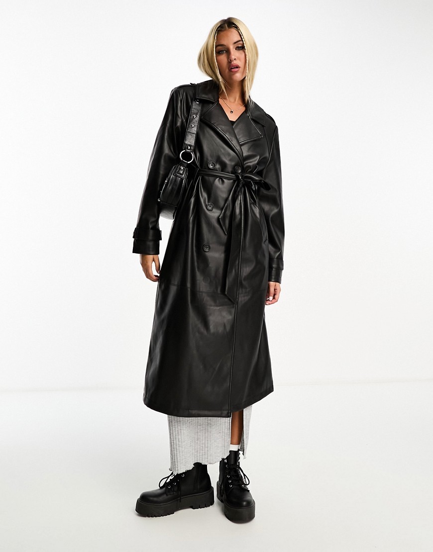 Pimkie leather look belted trench coat in black